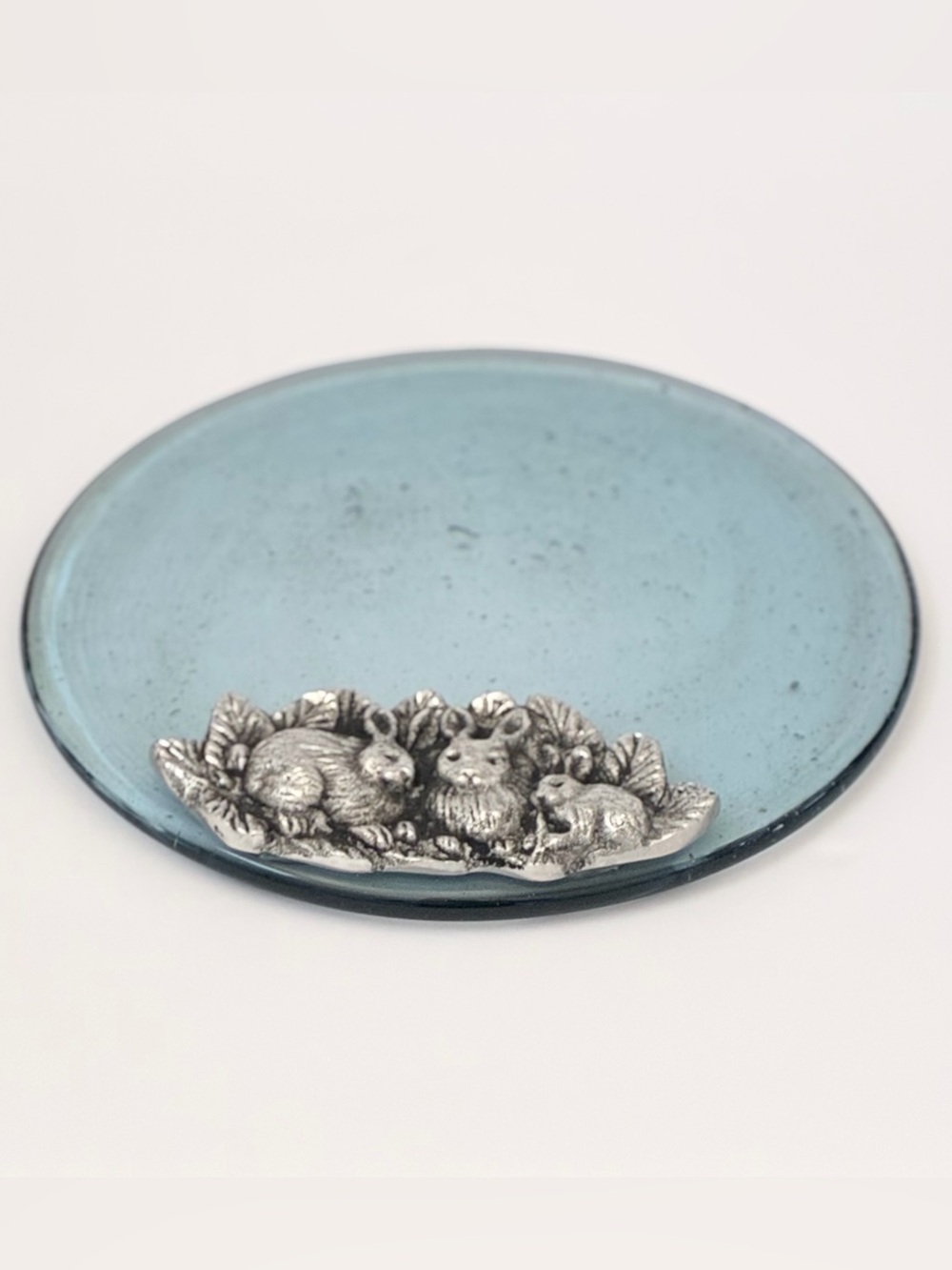Translucent Blue Glass Serving Tray With Bunny Rabbit Trio  Emblem 8.5” Round